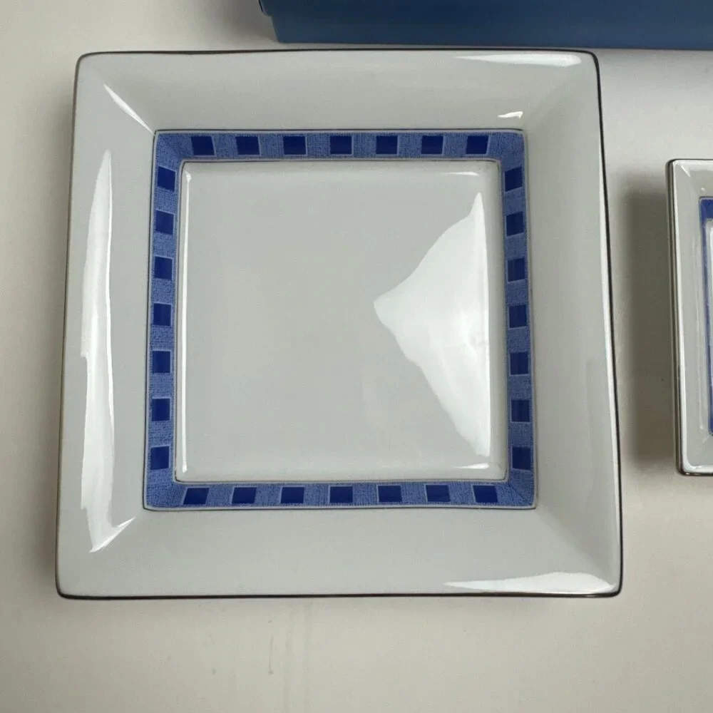 Lanvin Paris Porcelain Set of 2 Serving plate dish Trinket Dish White & Blue